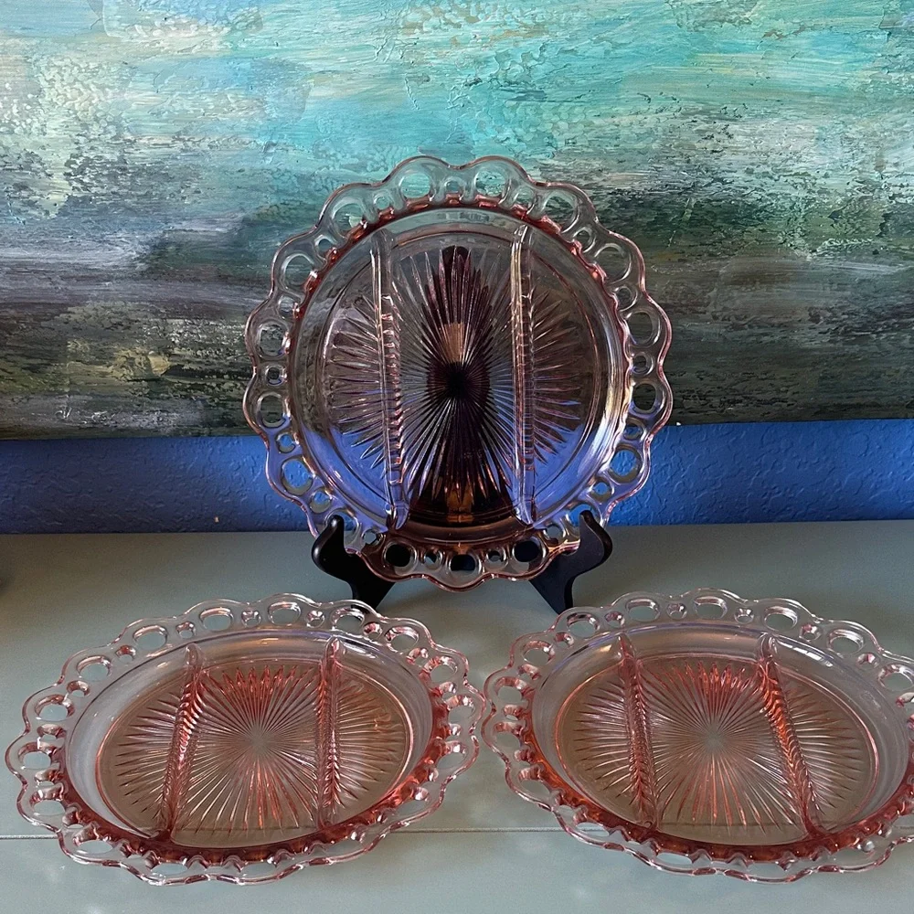3 OLD COLONY Anchor  Depression Glass Platter Serving Plates Divided Lace edge